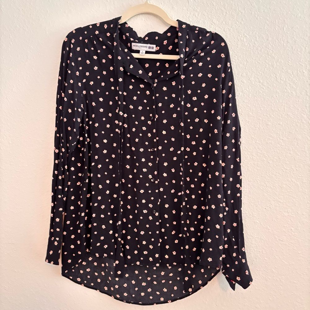 Uniqlo x Ines De La Fressange Long Sleeve Shirt Blue Polka Dot Size M